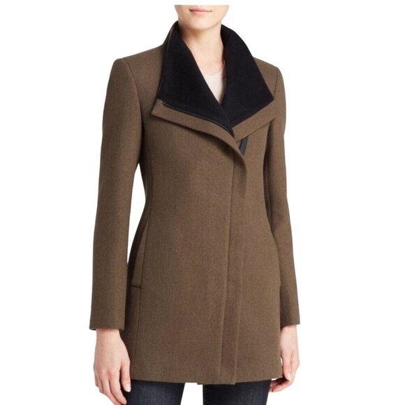 Calvin Klein Women’s XS Khaki Green Asymmetrical Zip Wool Cashmere Blend Coat - Picture 3 of 7